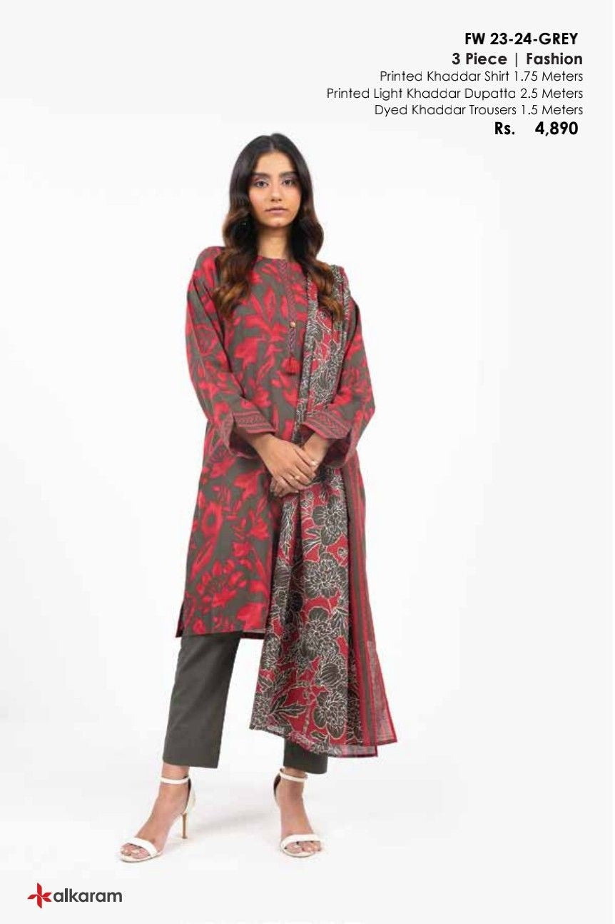 FW-23-24-Grey Unstitched 3-Piece Classic Khaddar Winter Collection 2024 By Alkaram