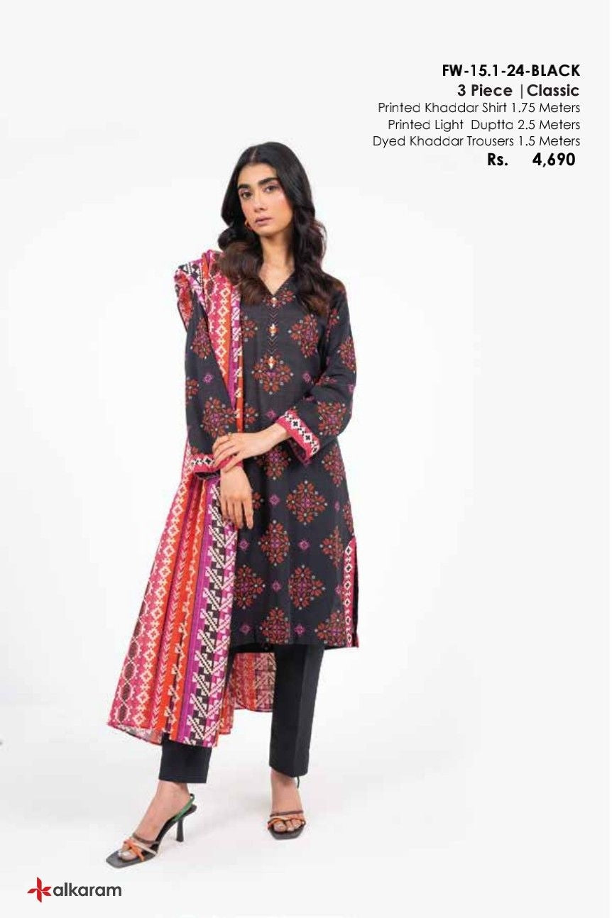 FW-15.1-24-Black - Unstitched 3-Piece Khaddar Winter Collection 2024 By Alkaram