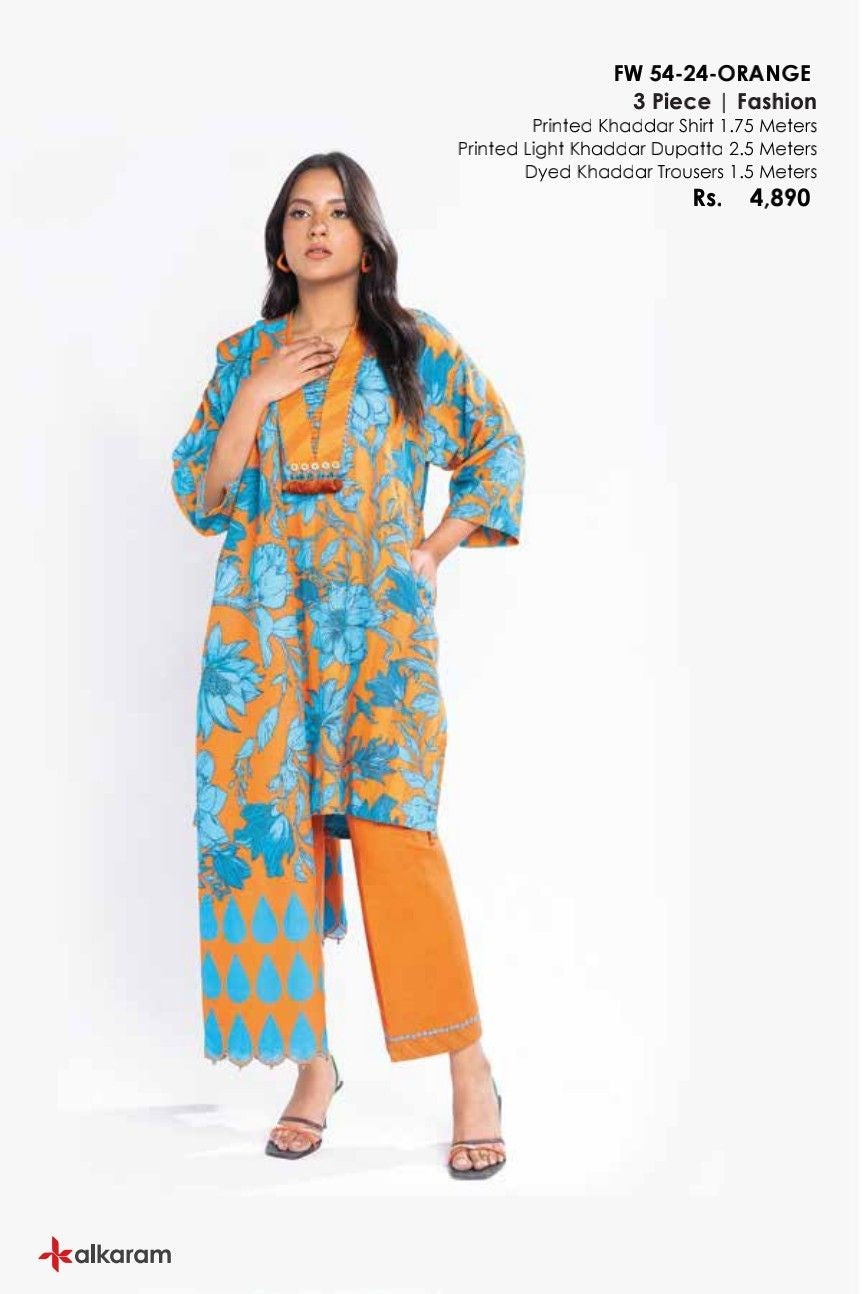 FW-54 24-Orange Unstitched 3-Piece Classic Khaddar Winter Collection 2024 By Alkaram