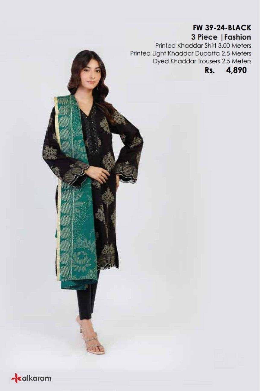 FW-39-24-Black Unstitched 3-Piece Classic Khaddar Winter Collection 2024 By Alkaram