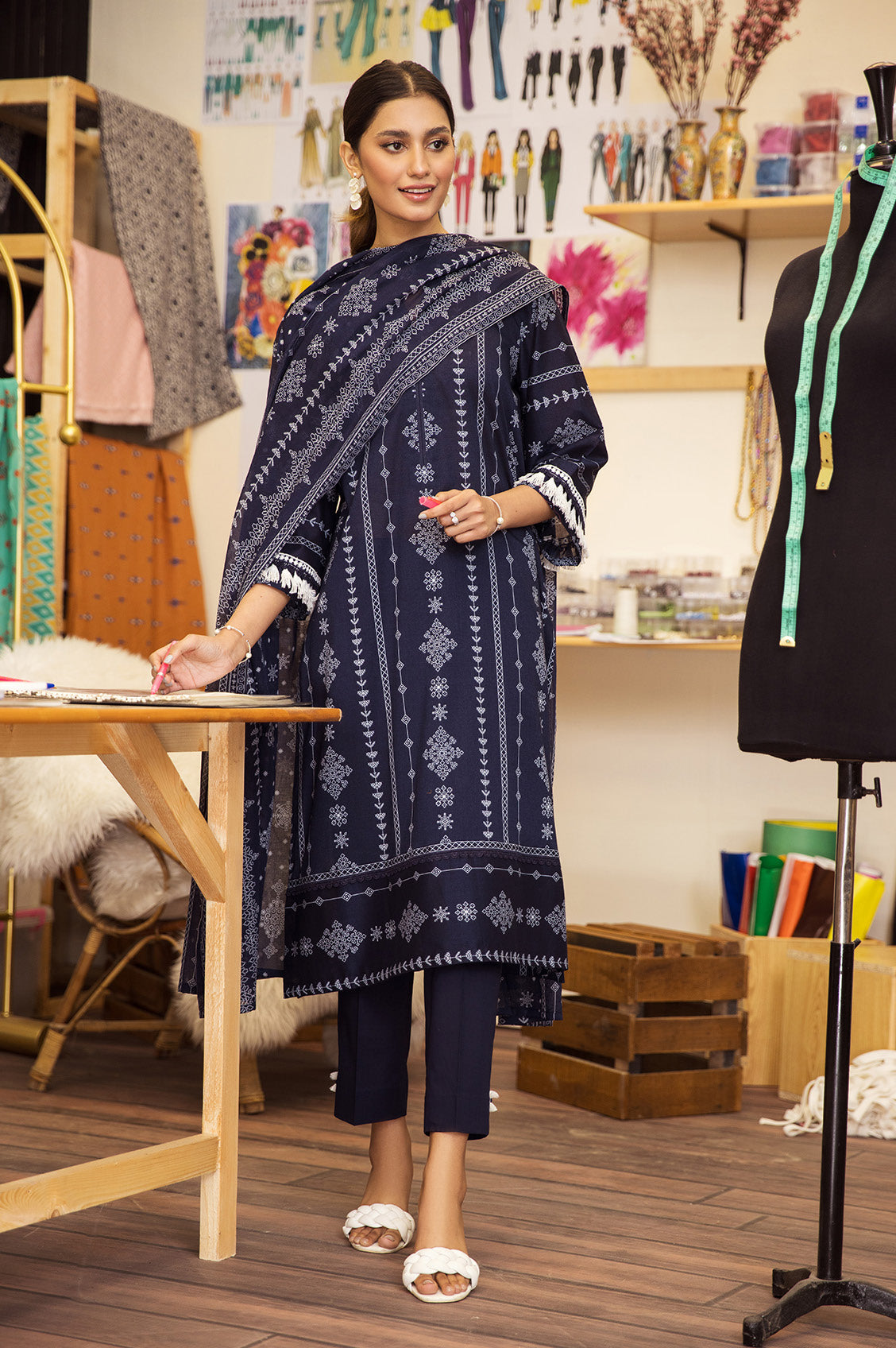 42201087-R Navy Blue Unstitched 3-Piece Premium Lawn Summer Collection 2025 By Nishat