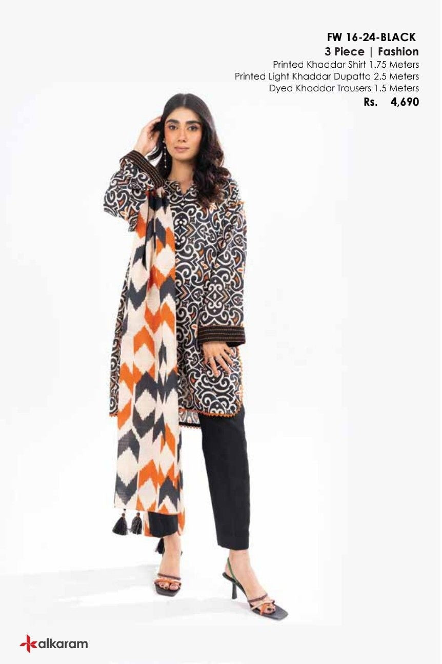 FW-16-24-Black Unstitched 3-Piece Classic Khaddar Winter Collection 2024 By Alkaram